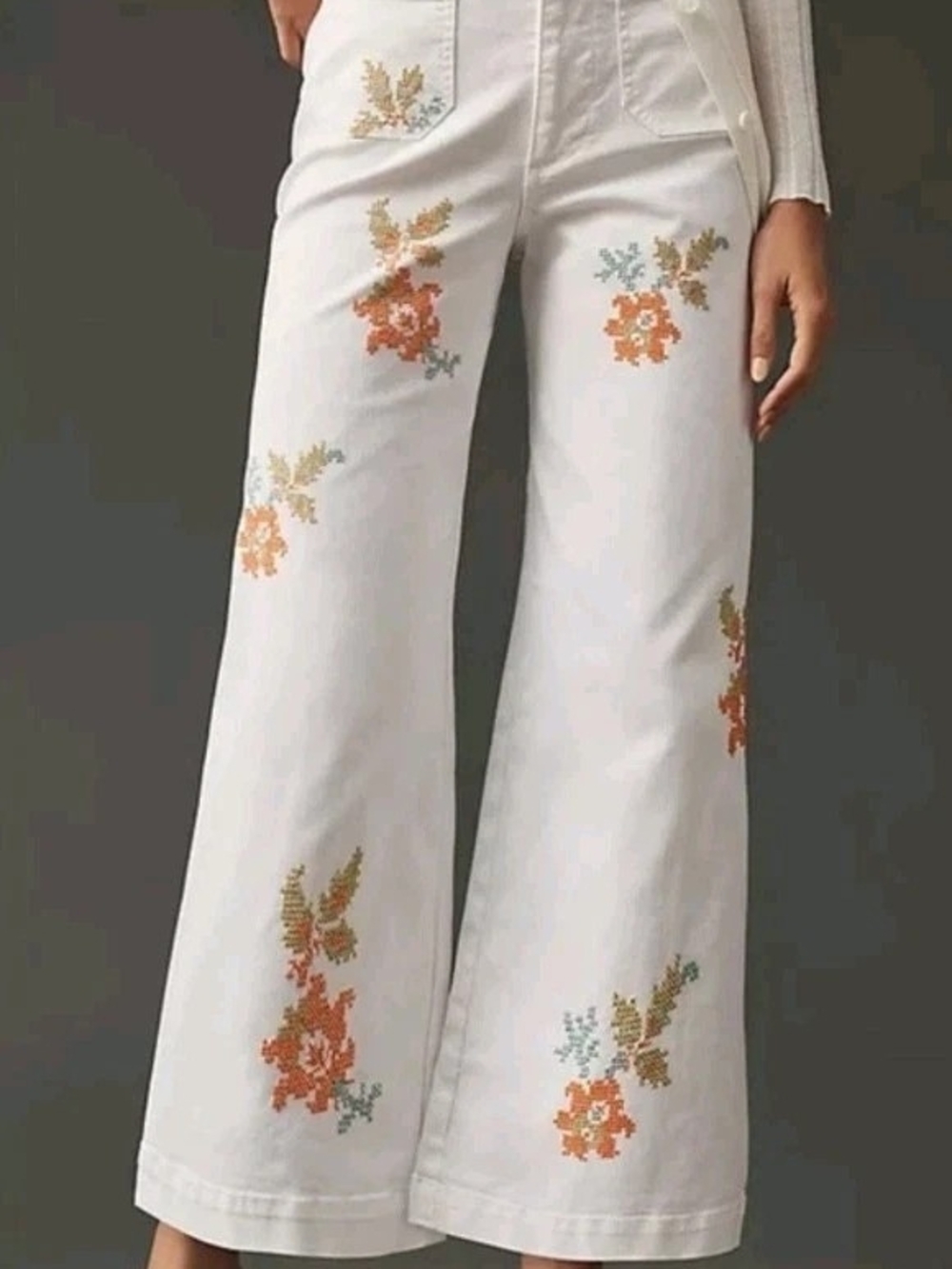 Anthropologie White Wide-Leg Jeans with Orange Floral Cross-Stitch